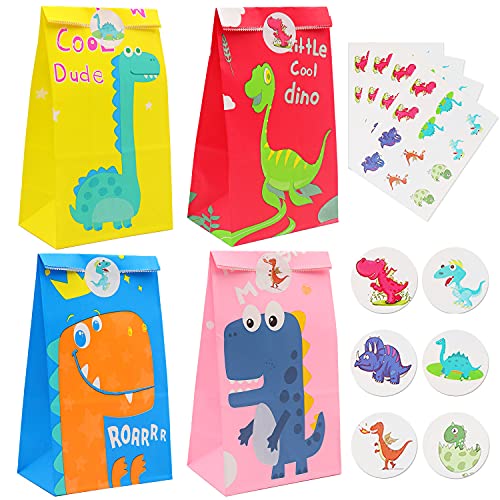 Bolsa de Dulces de Dinosaurio Bolsas de Fiesta Dinosaurios,40 PCS Bolsa de Dulces de Dinosaurio Bolsas de Papel de Caramelos Bolsa de Regalo Cumpleaños Infantil con 48 Pegatinas para Fiesta