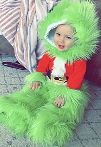 Boomar Disfraz de monstruo verde de Navidad para niños pequeños y adultos Grinch Green Santa Suit Deluxe Peludo Party Dress Up Outfit (Green-Kids, 8T)