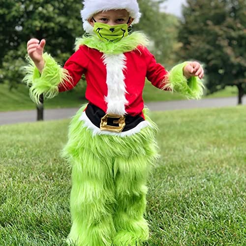 Boomar Disfraz de monstruo verde de Navidad para niños pequeños y adultos Grinch Green Santa Suit Deluxe Peludo Party Dress Up Outfit (Green-Kids, 8T)