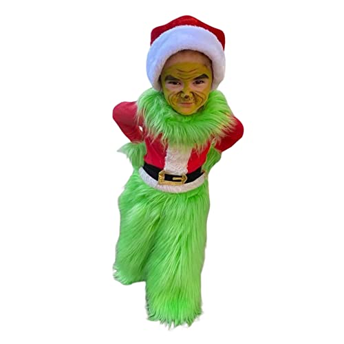 Boomar Disfraz de monstruo verde de Navidad para niños pequeños y adultos Grinch Green Santa Suit Deluxe Peludo Party Dress Up Outfit (Green-Kids, 8T)