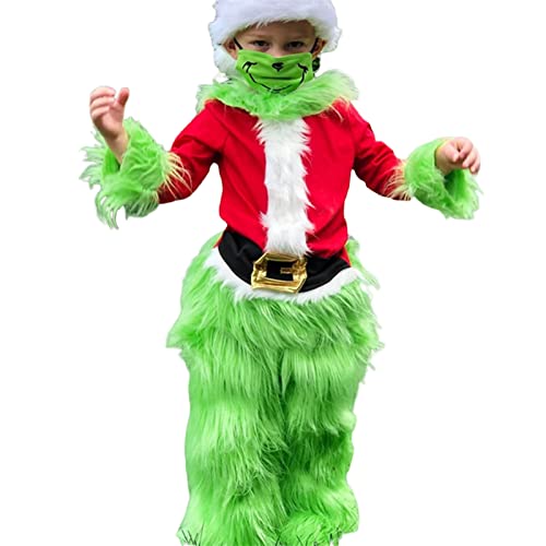 Boomar Disfraz de monstruo verde de Navidad para niños pequeños y adultos Grinch Green Santa Suit Deluxe Peludo Party Dress Up Outfit (Green-Kids, 8T)