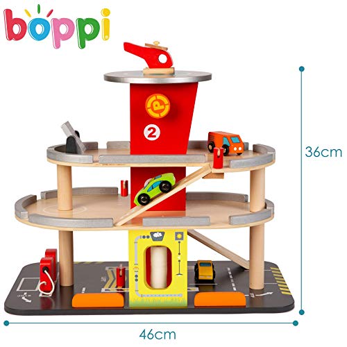 boppi Garaje y Aparcamiento de Madera de Juguete de 36cm de Altura para niños y niñas con Ascensor Funcional de 3 Pisos, autolavado, gasolinera, Tres vehículos de Juguete y helicóptero