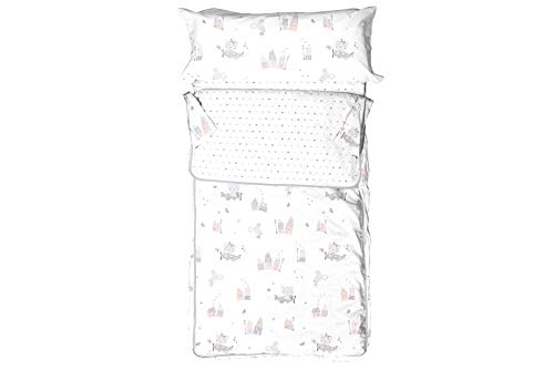 Burrito Blanco Saco Nórdico Infantil 007 100% Algodón con Un Diseño de Casitas y Graciosos Animalitos de 90x190cm hasta 90x200cm/Saco Nórdico 90 con Cremallera, Colores Gris y Rosa