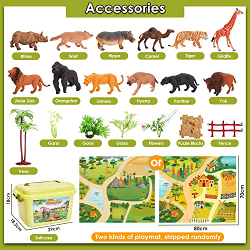 BUYGER Animales de Juguete Salvajes Figuras con Tapete de Juego Selva y Figura de Animales Incluir Tigre Caballo, Regalos para Niños Niña