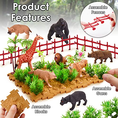 BUYGER Animales de Juguete Salvajes Figuras con Tapete de Juego Selva y Figura de Animales Incluir Tigre Caballo, Regalos para Niños Niña