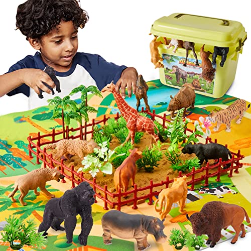 BUYGER Animales de Juguete Salvajes Figuras con Tapete de Juego Selva y Figura de Animales Incluir Tigre Caballo, Regalos para Niños Niña