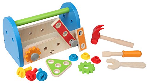 Caja de Herramientas de Madera con Accesorios de Hape, Set de Herramientas de Construcción Coloridas para el Banco Carpintero Infantil,Set de Juego de Simulación, de Resolución de Problemas,17 Piezas