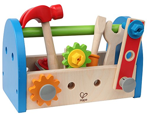 Caja de Herramientas de Madera con Accesorios de Hape, Set de Herramientas de Construcción Coloridas para el Banco Carpintero Infantil,Set de Juego de Simulación, de Resolución de Problemas,17 Piezas