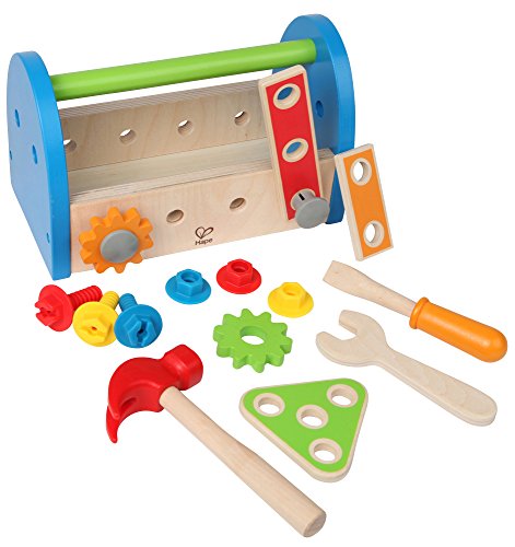 Caja de Herramientas de Madera con Accesorios de Hape, Set de Herramientas de Construcción Coloridas para el Banco Carpintero Infantil,Set de Juego de Simulación, de Resolución de Problemas,17 Piezas