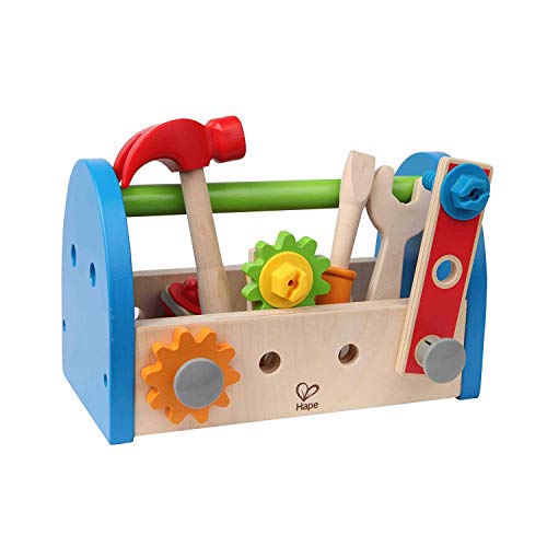 Caja de Herramientas de Madera con Accesorios de Hape, Set de Herramientas de Construcción Coloridas para el Banco Carpintero Infantil,Set de Juego de Simulación, de Resolución de Problemas,17 Piezas