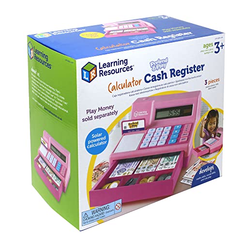 Caja registradora calculadora de Pretend & Play de Learning Resources, caja registradora rosa de juguete para niños, caja registradora de juguete para juegos imaginativos, 3+ años