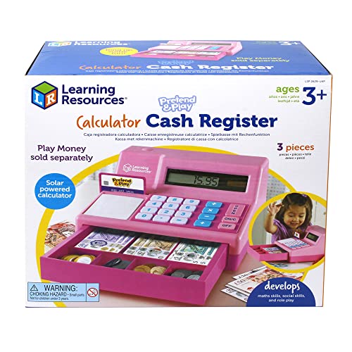 Caja registradora calculadora de Pretend & Play de Learning Resources, caja registradora rosa de juguete para niños, caja registradora de juguete para juegos imaginativos, 3+ años