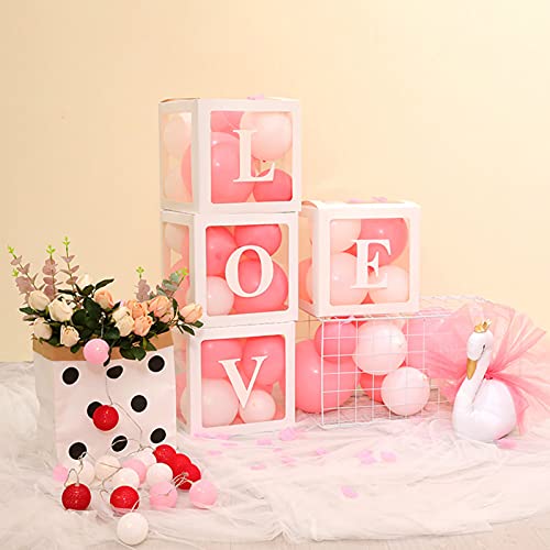 Cajas de globos para decoraciones de baby shower,4 piezas cajas Cajas de globos transparente,con 30 unids Globos de color rosa y blanco,letras de LOVE,Cajas de fiesta blanco para fiesta de cumpleaños