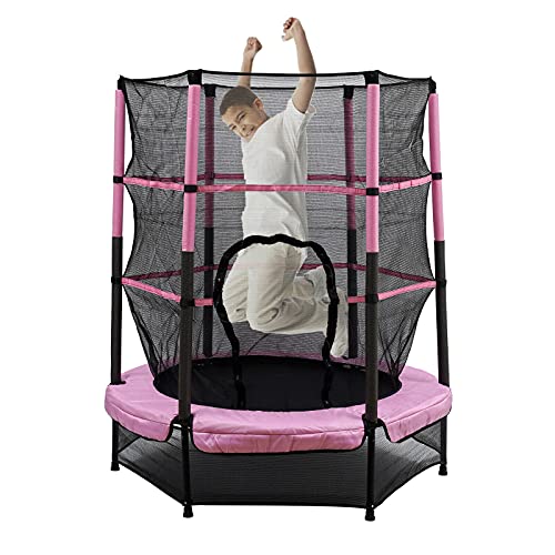 Cama elástica de 140 cm para niños, con red de seguridad y almohadilla de seguridad, cremallera integrada, marco resistente, cama elástica para niños, para interior y exterior (rosa)