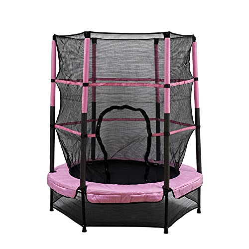 Cama elástica de 140 cm para niños, con red de seguridad y almohadilla de seguridad, cremallera integrada, marco resistente, cama elástica para niños, para interior y exterior (rosa)