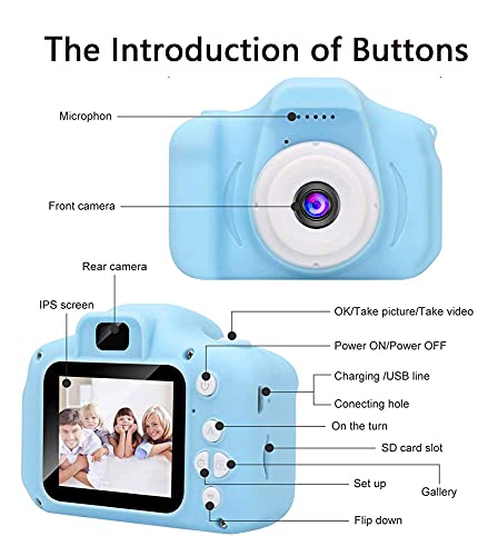 Cámara de fotos para niños, 800 megapíxeles, cámara selfie para niños de 3 a 10 años, 2 pulgadas, vídeo HD 1080P, juguetes, cámara con tarjeta TF de 32 GB, cámara azul con cordón