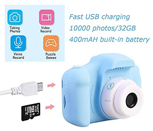 Cámara de fotos para niños, 800 megapíxeles, cámara selfie para niños de 3 a 10 años, 2 pulgadas, vídeo HD 1080P, juguetes, cámara con tarjeta TF de 32 GB, cámara azul con cordón