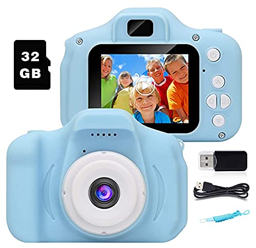 Cámara de fotos para niños, 800 megapíxeles, cámara selfie para niños de 3 a 10 años, 2 pulgadas, vídeo HD 1080P, juguetes, cámara con tarjeta TF de 32 GB, cámara azul con cordón