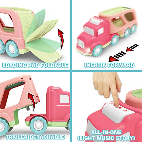 Camión de Transporte de Coches de Juguete (5 en 1) con Luces y Sonidos, Juguete Rosa para Niñas Pequeñas, Trailer de Doble Planta con Vehículos, Regalo de Cumpleaños y Fiesta de Navidad para Niños