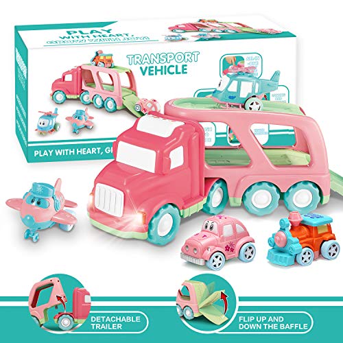 Camión de Transporte de Coches de Juguete (5 en 1) con Luces y Sonidos, Juguete Rosa para Niñas Pequeñas, Trailer de Doble Planta con Vehículos, Regalo de Cumpleaños y Fiesta de Navidad para Niños