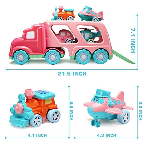 Camión de Transporte de Coches de Juguete (5 en 1) con Luces y Sonidos, Juguete Rosa para Niñas Pequeñas, Trailer de Doble Planta con Vehículos, Regalo de Cumpleaños y Fiesta de Navidad para Niños