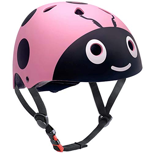 Casco para niños y niñas Casco cómodo Ajustable de Seguridad para patineta, patineta, Bicicleta (3-8 años) (Pink Ladybug, S(3-8years Old))