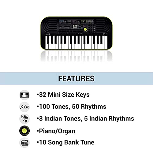 Casio SA-46 - Miniteclado electrónico para niños, 32 teclas, altavoces incorporados, color negro y verde