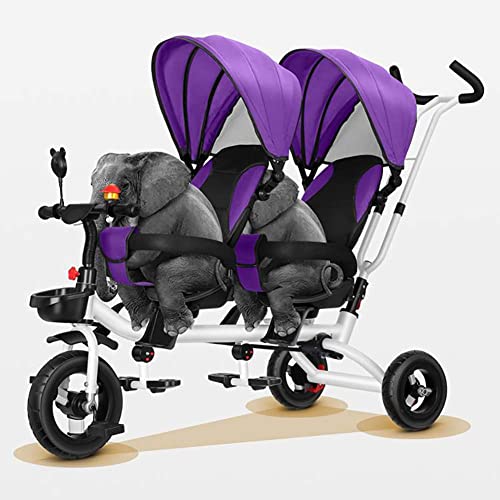 Childrens Pedal exterior Triciclo Twin Tricycle Asiento gemelos con cesta, dosel desmontable con traje de manija de empuje de la dirección for padres durante 12 meses - 6 años niñas ( Color : Blue )