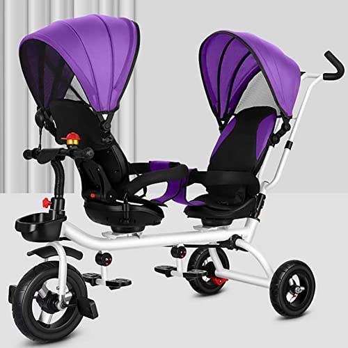 Childrens Pedal exterior Triciclo Twin Tricycle Asiento gemelos con cesta, dosel desmontable con traje de manija de empuje de la dirección for padres durante 12 meses - 6 años niñas ( Color : Blue )