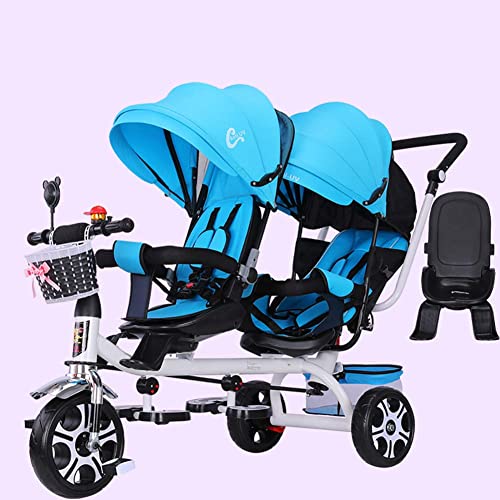 Childrens Pedal exterior Triciclo Twin Tricycle Asiento gemelos con cesta, dosel desmontable con traje de manija de empuje de la dirección for padres durante 12 meses - 6 años niñas ( Color : Blue )