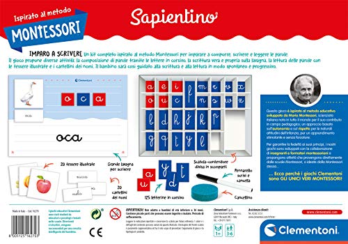 Clementoni - 16270 - Montessori - Aprende a Escribir - Fabricado en Italia, Juego Montessori 3 años, Juego Educativo método montessoriano (versión en Italiano)