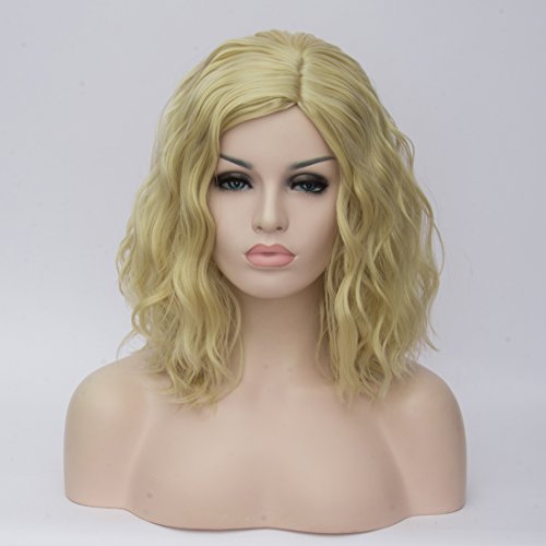 CLOCOLOR 14" 36CM Peluca corta rizada de pelo medio largo rizado ondulado para mujer cosplay fiesta peluca sintética de moda calor resistente (rubio claro)