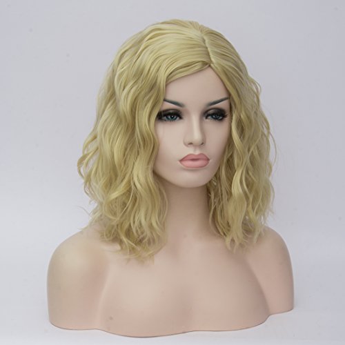 CLOCOLOR 14" 36CM Peluca corta rizada de pelo medio largo rizado ondulado para mujer cosplay fiesta peluca sintética de moda calor resistente (rubio claro)