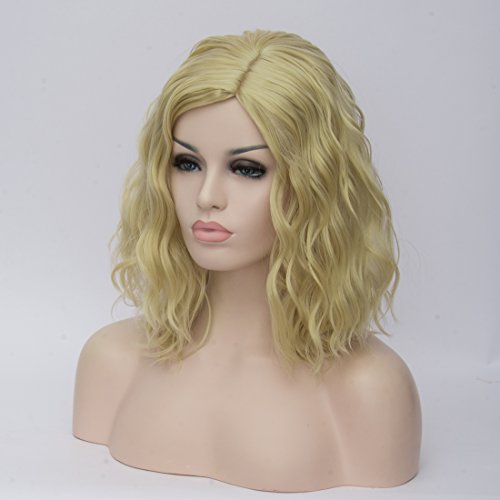 CLOCOLOR 14" 36CM Peluca corta rizada de pelo medio largo rizado ondulado para mujer cosplay fiesta peluca sintética de moda calor resistente (rubio claro)