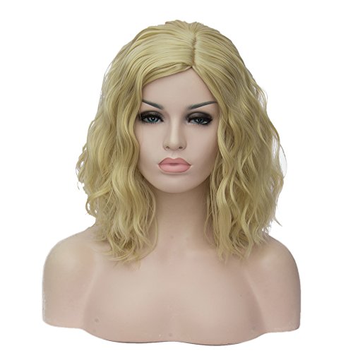 CLOCOLOR 14" 36CM Peluca corta rizada de pelo medio largo rizado ondulado para mujer cosplay fiesta peluca sintética de moda calor resistente (rubio claro)