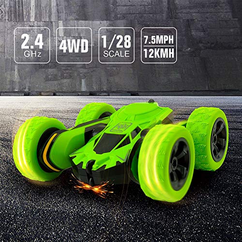 Coche teledirigido 4WD RC Coche Mando a distancia 360° Rotación Acrobatica RC Stunt Car, 1:28 / 2.4GHZ Coche teledirigido para niños Juguetes - Verde (Batería no incluida)