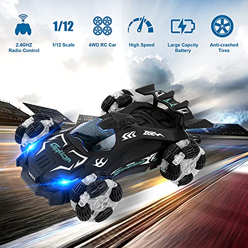 Coche Teledirigido para Niños, YOVOCA 2.4GHz RC Coche, Giratorio Rotación Volteo de 360° Deriva Car Recargable con Luz LED