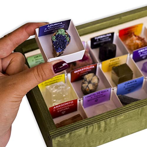 Colección de 15 Minerales de Cristalizados en Caja de Madera Natural - Minerales Reales educativos con Etiqueta informativa a Color. Kit de Ciencia de Geología para niños.