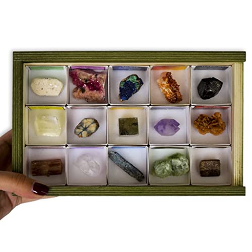 Colección de 15 Minerales de Cristalizados en Caja de Madera Natural - Minerales Reales educativos con Etiqueta informativa a Color. Kit de Ciencia de Geología para niños.