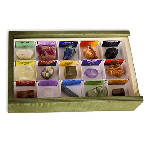 Colección de 15 Minerales de Cristalizados en Caja de Madera Natural - Minerales Reales educativos con Etiqueta informativa a Color. Kit de Ciencia de Geología para niños.