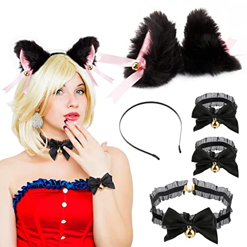 COLOFALLA Set 4pcs Diadema Orejas de Gato + Gargantilla de Encaje + Pulsera de Encaje con Cascables Disfraz de Gato para Carnaval Fiesta Temática Disfraz Negro y Rosado