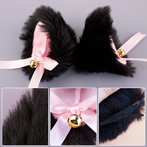 COLOFALLA Set 4pcs Diadema Orejas de Gato + Gargantilla de Encaje + Pulsera de Encaje con Cascables Disfraz de Gato para Carnaval Fiesta Temática Disfraz Negro y Rosado