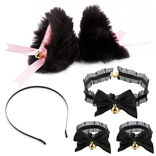 COLOFALLA Set 4pcs Diadema Orejas de Gato + Gargantilla de Encaje + Pulsera de Encaje con Cascables Disfraz de Gato para Carnaval Fiesta Temática Disfraz Negro y Rosado