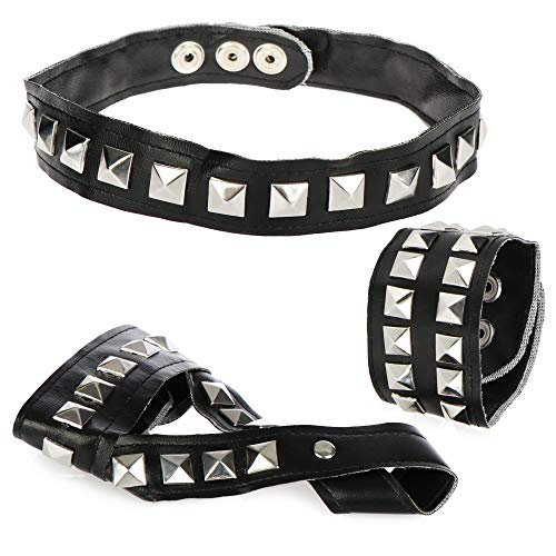 com-four® Juego de rockero de 3 piezas - brazalete, collar y guante de dedo en aspecto de cuero con tachuelas piramidales - disfraz para carnaval (03 piezas - pulsera/collar/guante de dedo)