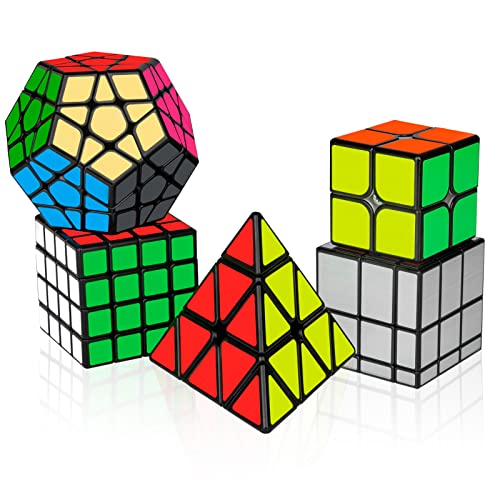 Cooja Cubo Mágico Pack, Speed Magic Cube 2x2x2 + 4x4x4 + Pyraminx + Megaminx + Cubo Espejo, Velocidad Rompecabeza Cubos con Easy Turning