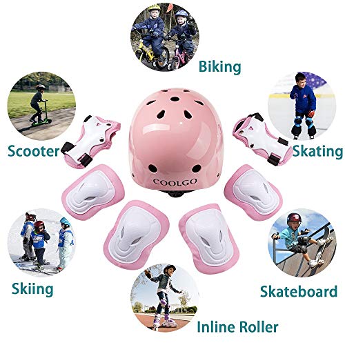 COOLGO Juego de cascos y almohadillas para niños de 3 a 8 años para niños pequeños monopatín ajustable casco rodilla codo muñequeras para patinaje en línea ciclismo rosa (rosa brillante)