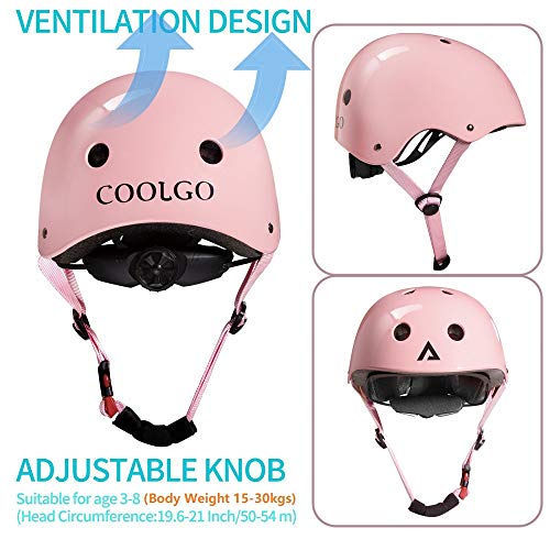 COOLGO Juego de cascos y almohadillas para niños de 3 a 8 años para niños pequeños monopatín ajustable casco rodilla codo muñequeras para patinaje en línea ciclismo rosa (rosa brillante)