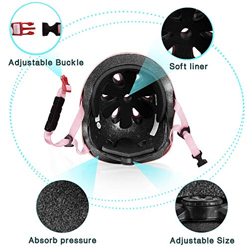 COOLGO Juego de cascos y almohadillas para niños de 3 a 8 años para niños pequeños monopatín ajustable casco rodilla codo muñequeras para patinaje en línea ciclismo rosa (rosa brillante)