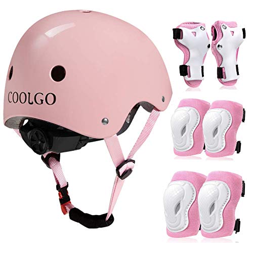 COOLGO Juego de cascos y almohadillas para niños de 3 a 8 años para niños pequeños monopatín ajustable casco rodilla codo muñequeras para patinaje en línea ciclismo rosa (rosa brillante)