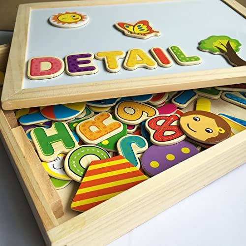 COOLJOY Puzzles Rompecabezas Magnéticos de Madera Juguete Educativo Tablero de Dibujo de Doble Cara para Mayores de 3 Años - Acerca de 100 Piezas (Número y Letra)